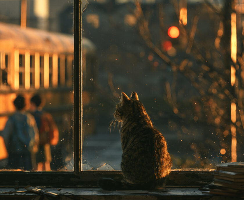 September 2026 Cat Watching Kids School Bus